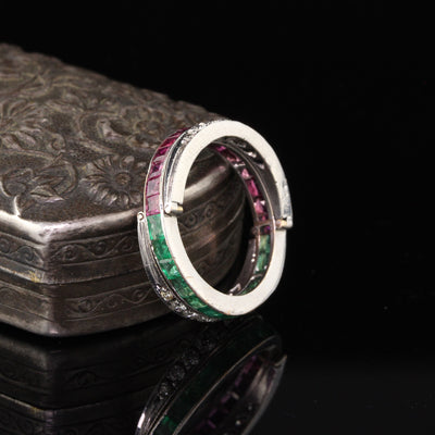 Vintage Estate 18K White Gold Ruby Emerald & Diamond Flip Band Ring - Size 8