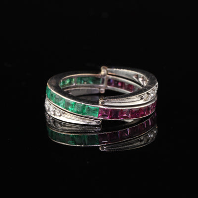 Vintage Estate 18K White Gold Ruby Emerald & Diamond Flip Band Ring - Size 8