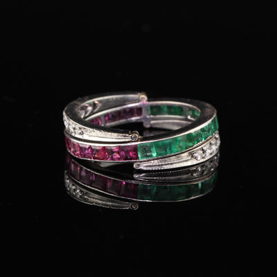 Vintage Estate 18K White Gold Ruby Emerald & Diamond Flip Band Ring - Size 8