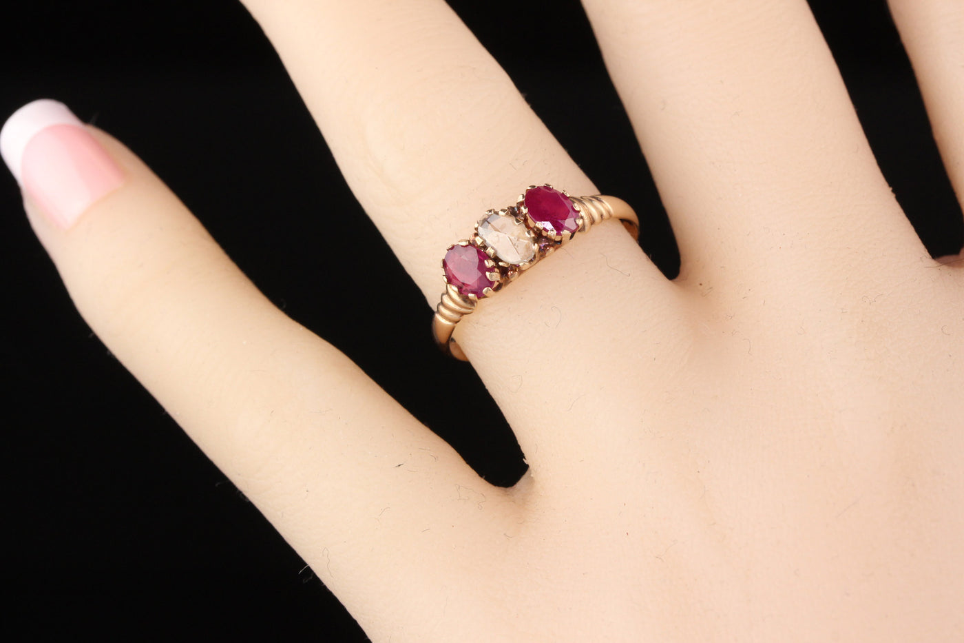 Antique Victorian 10K Rose Gold Rose Cut Diamond & Ruby 3-Stone Engagement Ring
