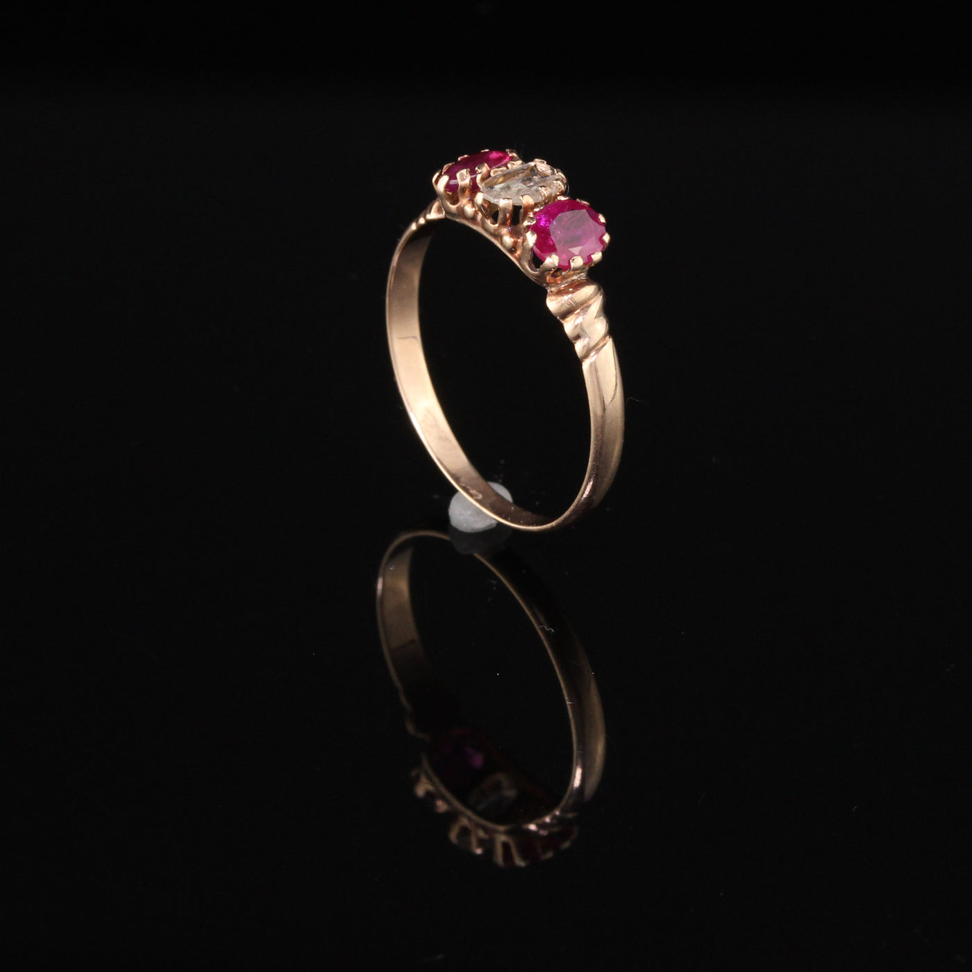 Antique Victorian 10K Rose Gold Rose Cut Diamond & Ruby 3-Stone Engagement Ring