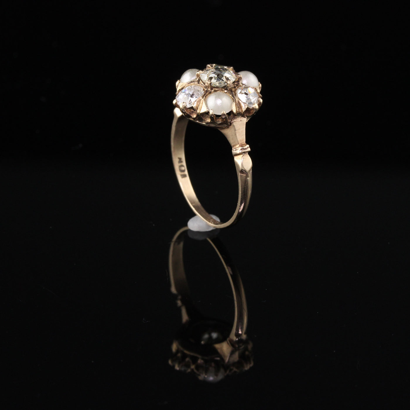 Antique Victorian 10K Yellow Gold Pearl & Diamond Cluster Engagement Ring