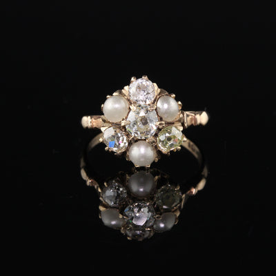 Antique Victorian 10K Yellow Gold Pearl & Diamond Cluster Engagement Ring