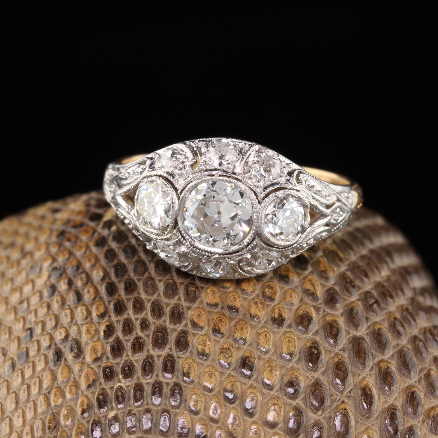 Antique Edwardian 18K Yellow Gold & Platinum 3-Stone Diamond Engagement Ring