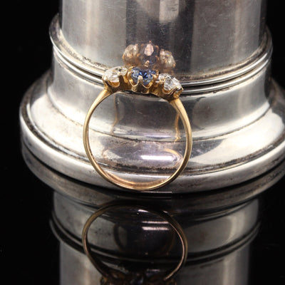 Antique Victorian 10K Yellow Gold Sapphire & Diamond 3-Stone Engagement Ring