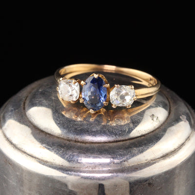 Antique Victorian 10K Yellow Gold Sapphire & Diamond 3-Stone Engagement Ring