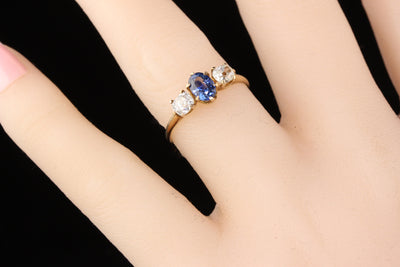 Antique Victorian 10K Yellow Gold Sapphire & Diamond 3-Stone Engagement Ring