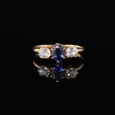 Antique Victorian 10K Yellow Gold Sapphire & Diamond 3-Stone Engagement Ring