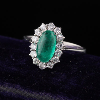 Vintage Estate 18K White Gold Cabochon Emerald & Diamond Ring