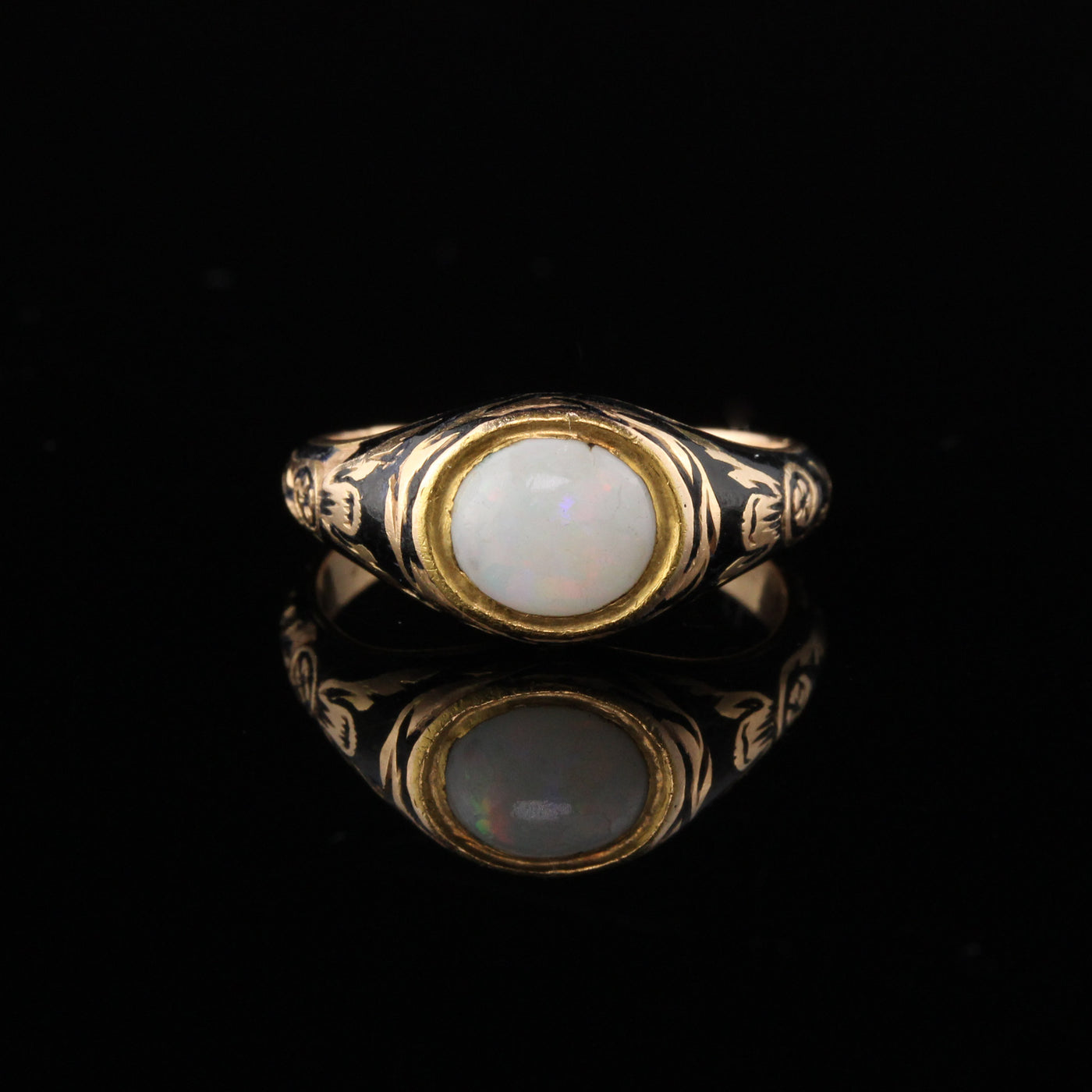 Antique Georgian 18K Yellow Gold Opal & Black Enamel Signet Ring - Size 4 1/4