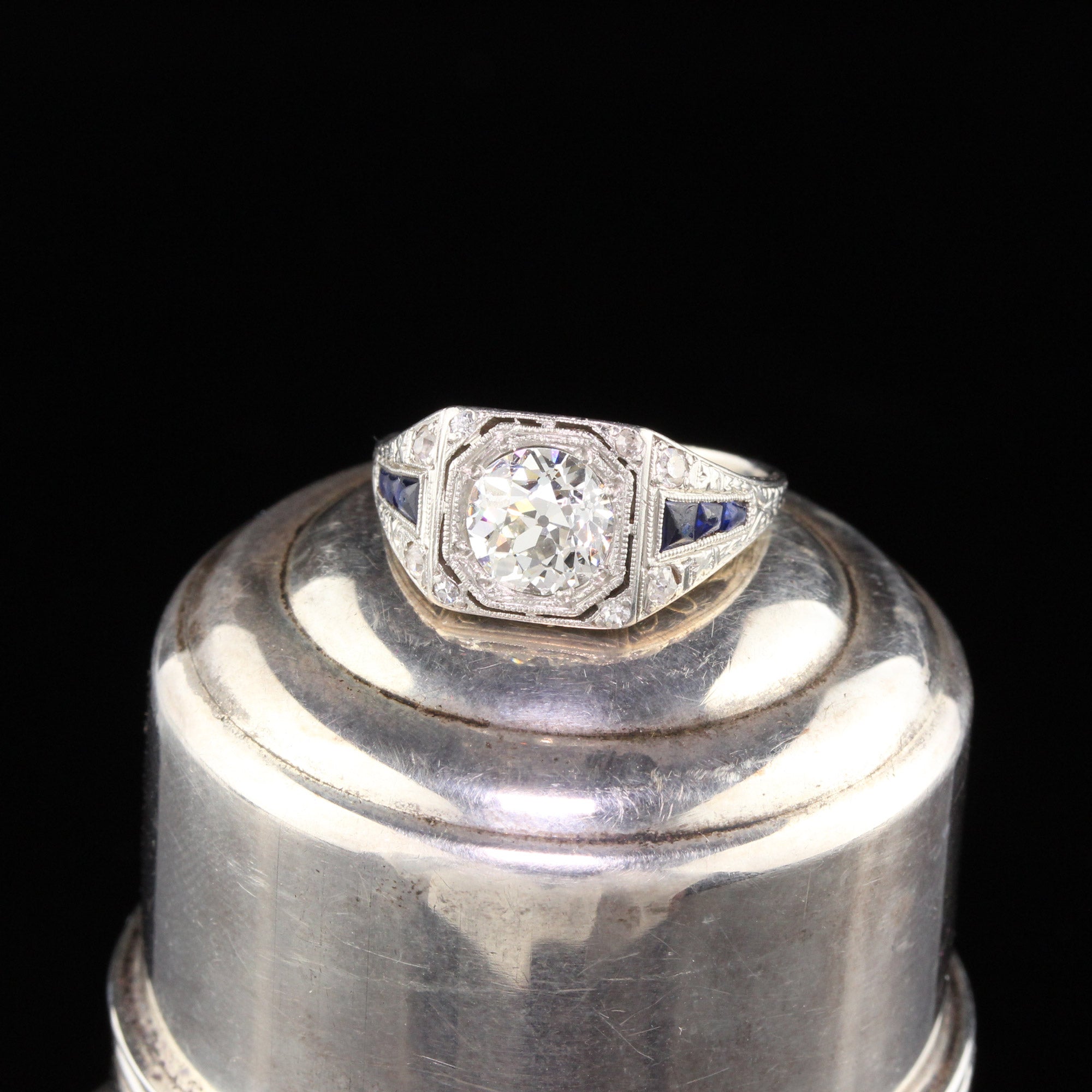 Antique Art Deco Platinum Old European Cut Diamond & Sapphire Engageme ...