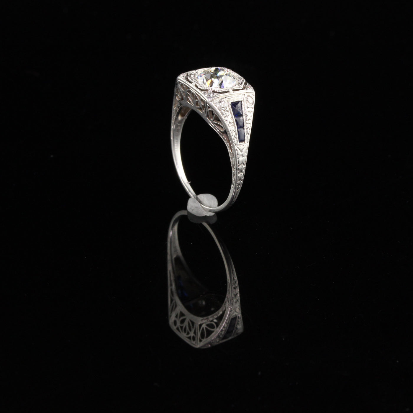 Antique Art Deco Platinum Old European Cut Diamond & Sapphire Engagement Ring - GIA Certified!