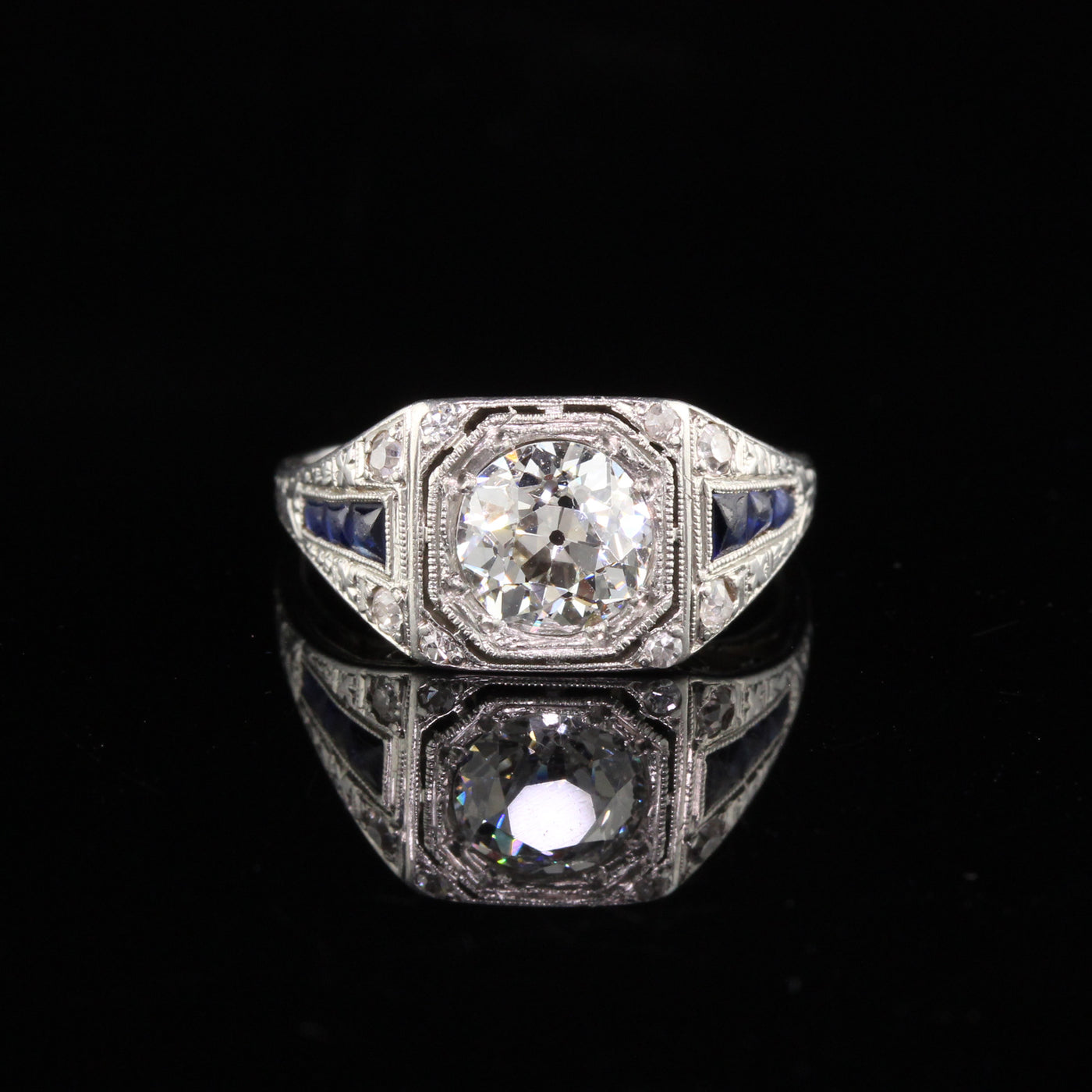Antique Art Deco Platinum Old European Cut Diamond & Sapphire Engagement Ring - GIA Certified!