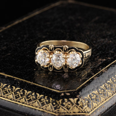 Antique Victorian 14K Yellow Gold Diamond & Black Enamel 3 Stone Engagement Ring
