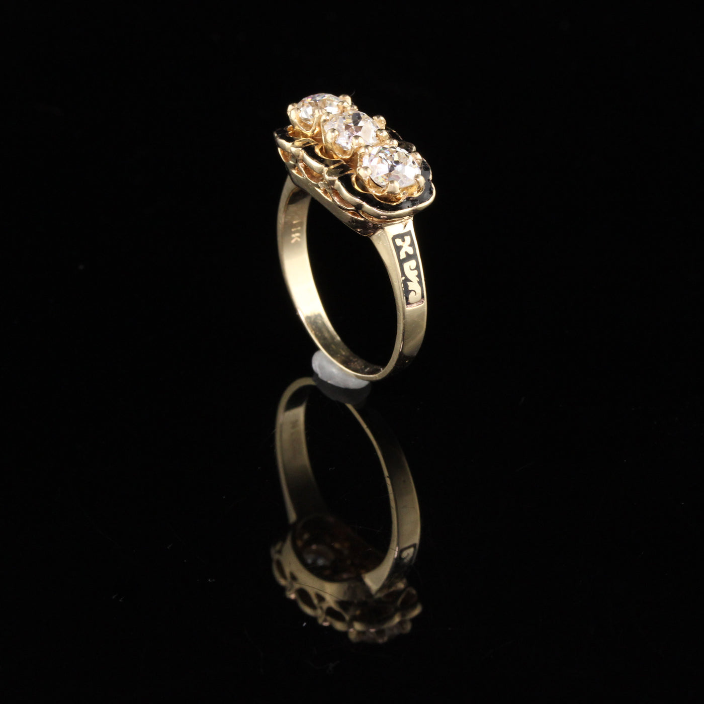 Antique Victorian 14K Yellow Gold Diamond & Black Enamel 3 Stone Engagement Ring
