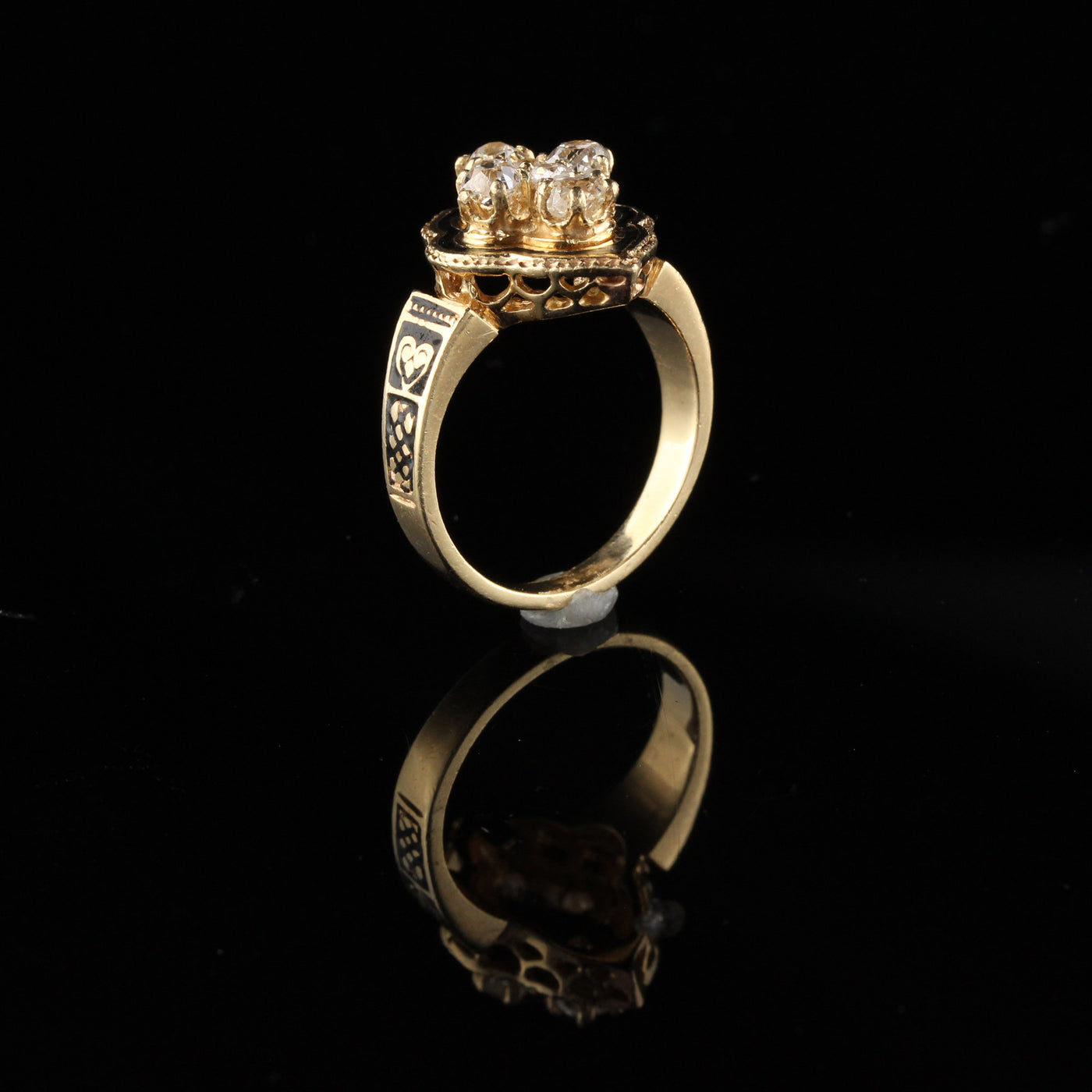 Antique Victorian 14K Yellow Gold Diamond & Black Enamel Shield Ring