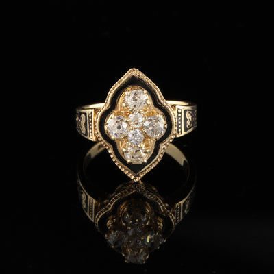 Antique Victorian 14K Yellow Gold Diamond & Black Enamel Shield Ring