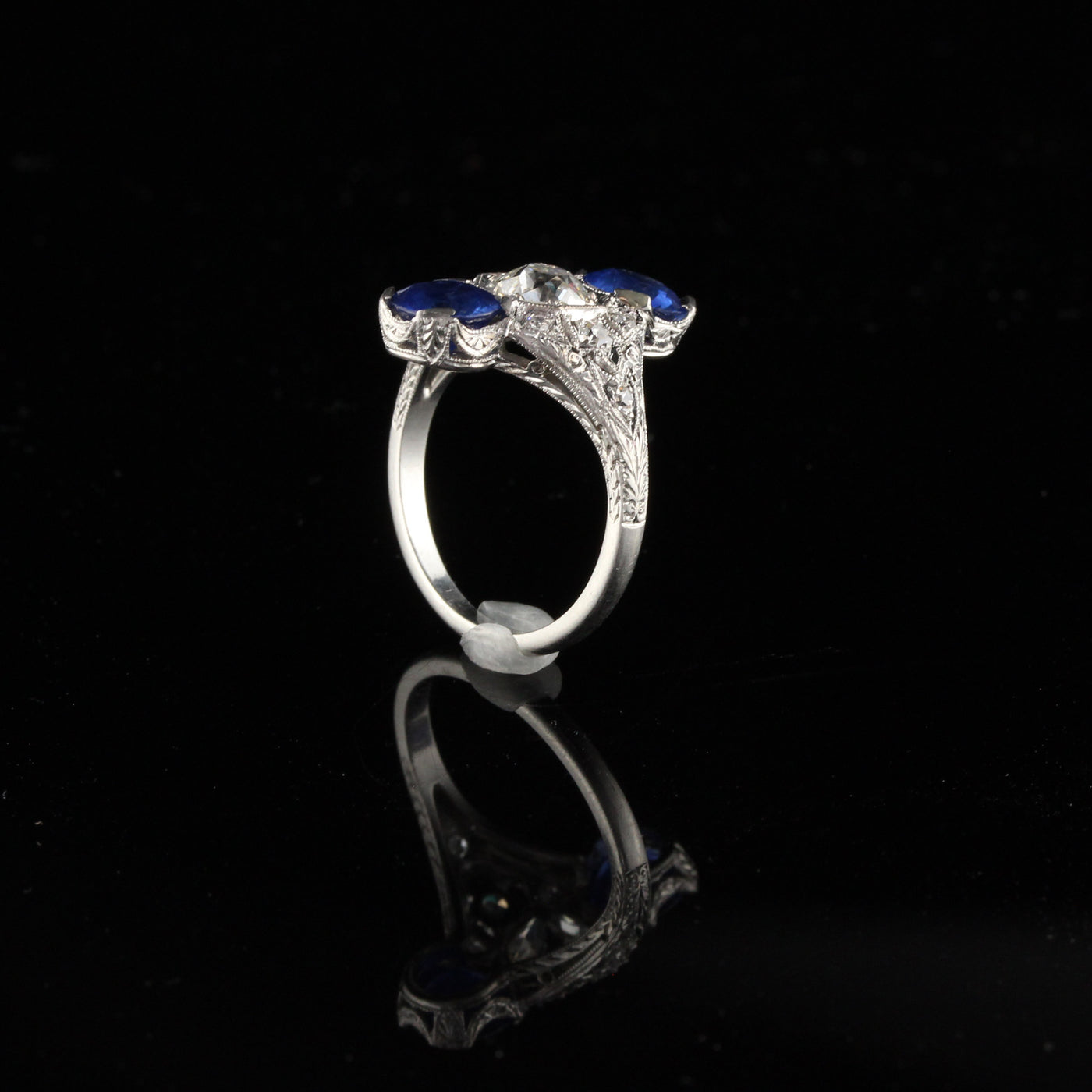 Antique Edwardian Platinum Diamond & Sapphire Three Stone Shield Ring