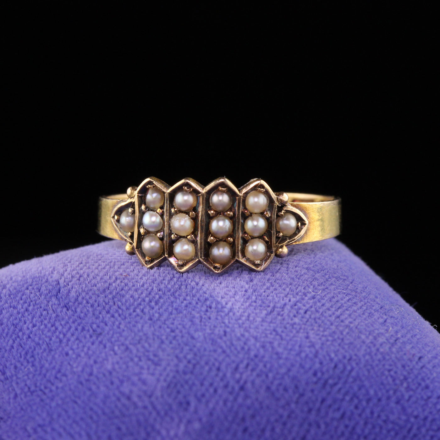 Antique Victorian 15K Yellow Gold English Seed Pearl Band Ring