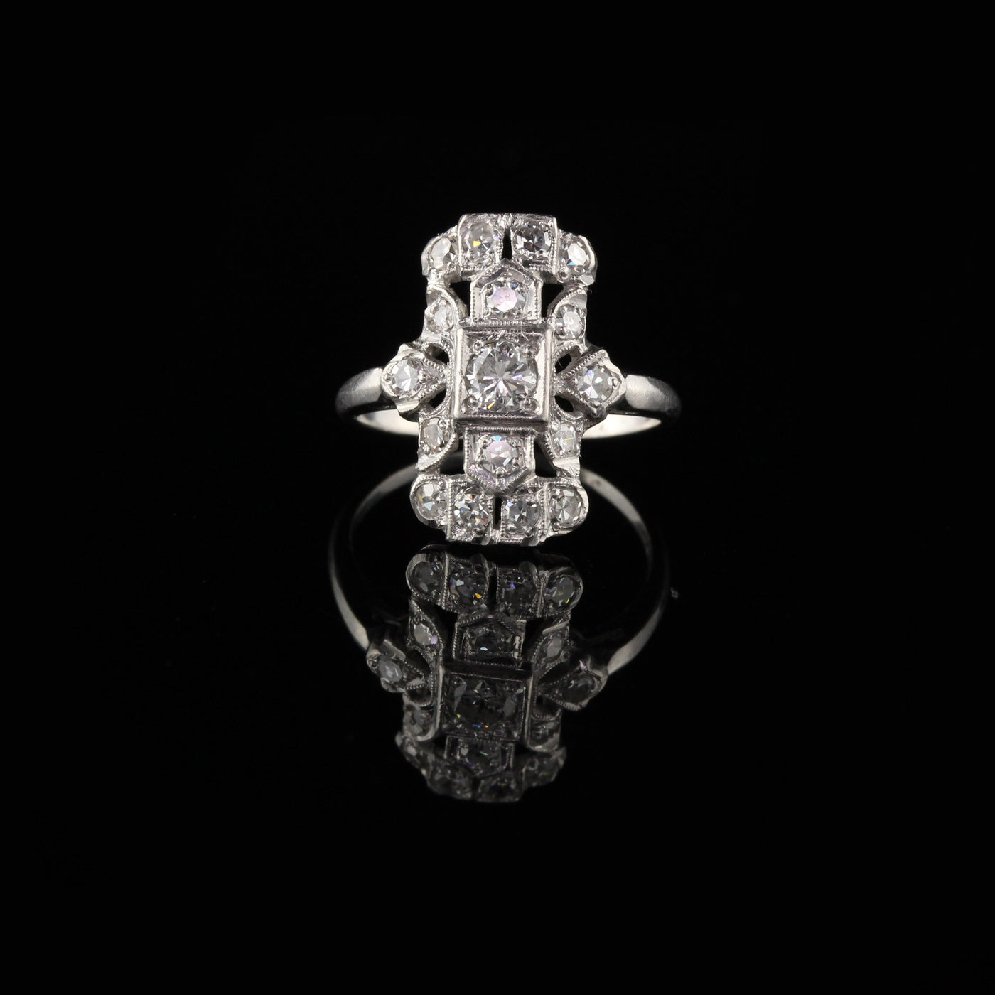 Antique Art Deco Platinum Diamond Shield Ring - Size 4