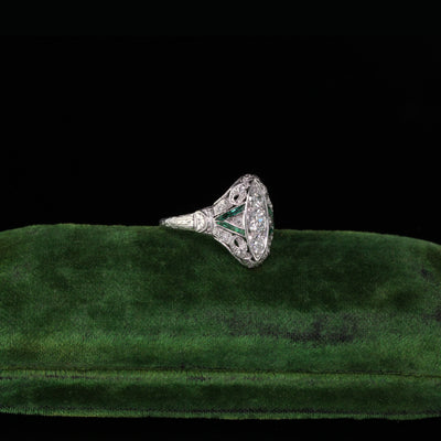 Antique Art Deco Platinum Diamond and Emerald Ring