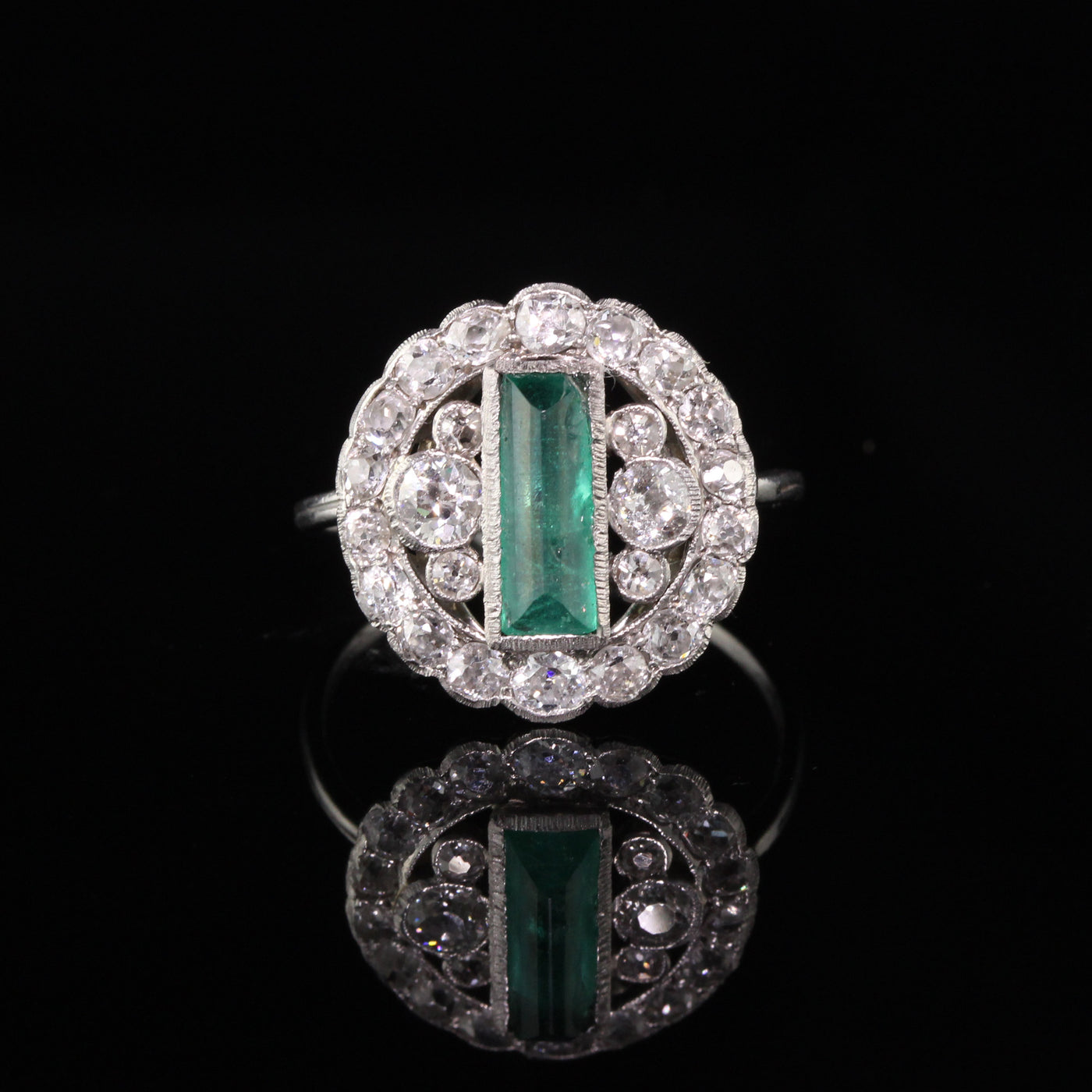 Antique Art Deco Platinum Diamond and Emerald Cocktail Ring