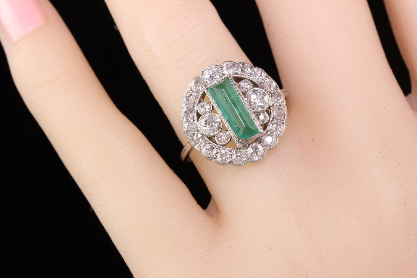 Antique Art Deco Platinum Diamond and Emerald Cocktail Ring
