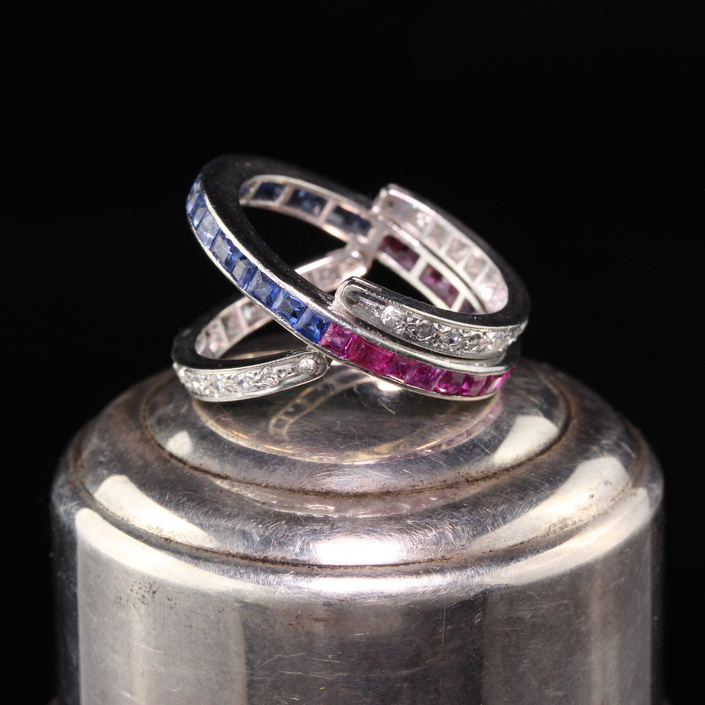 Antique Art Deco Platinum Diamond, Ruby, and Sapphire Flip Ring
