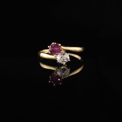Antique Victorian 14K Yellow Gold Toi Et Moi Diamond and Ruby Ring