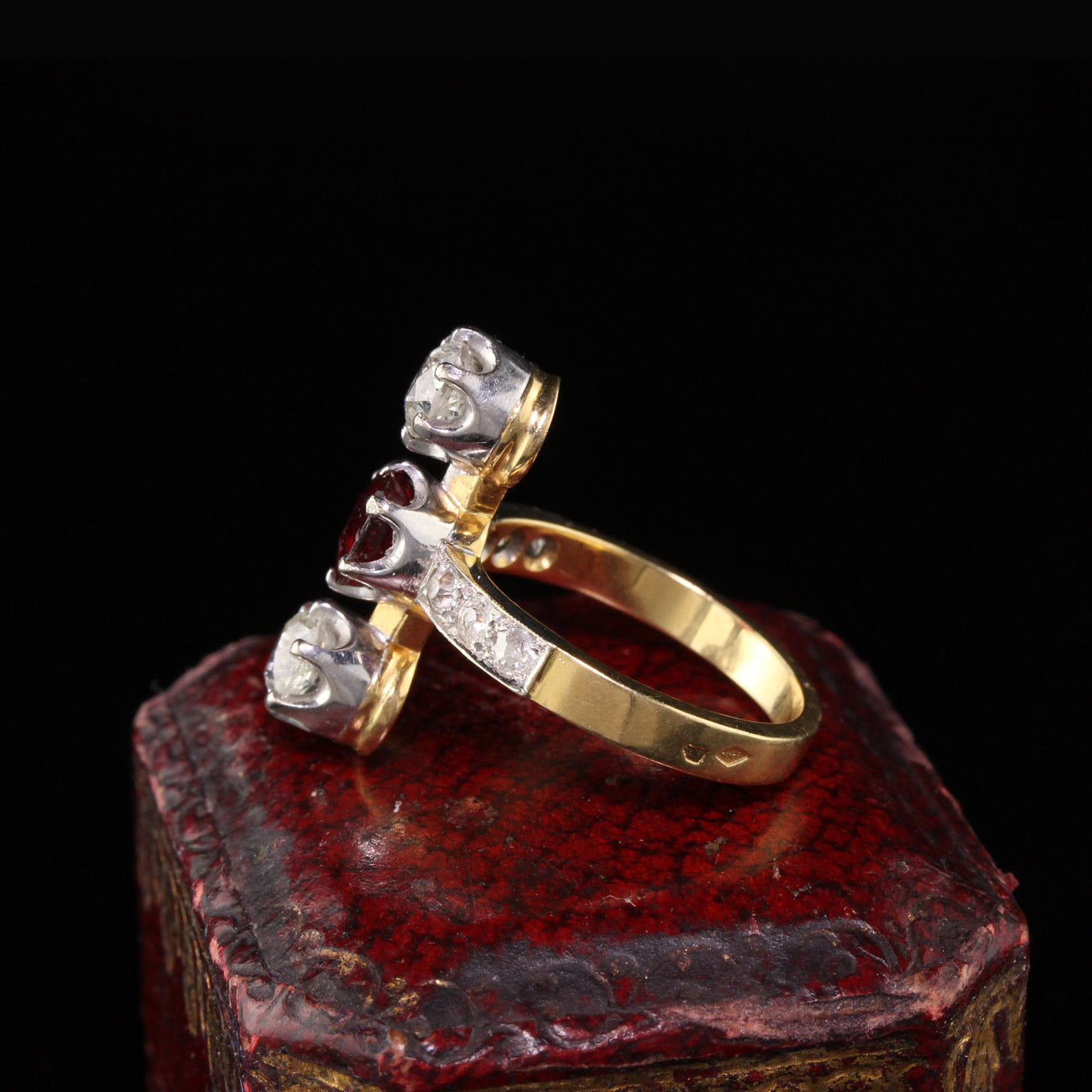 Antique Edwardian French 18K Yellow Gold Diamond and Ruby Three Stone Ring