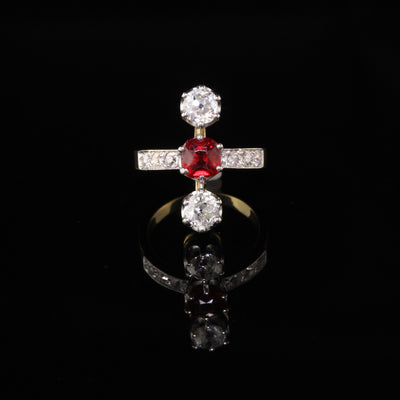 Antique Edwardian French 18K Yellow Gold Diamond and Ruby Three Stone Ring