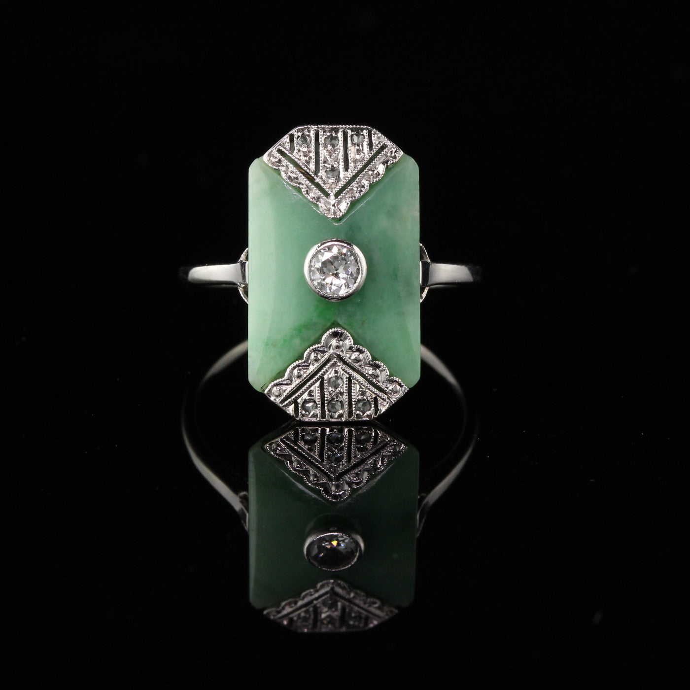 Antique Art Deco 18K White Gold Diamond and Jade Shield Ring