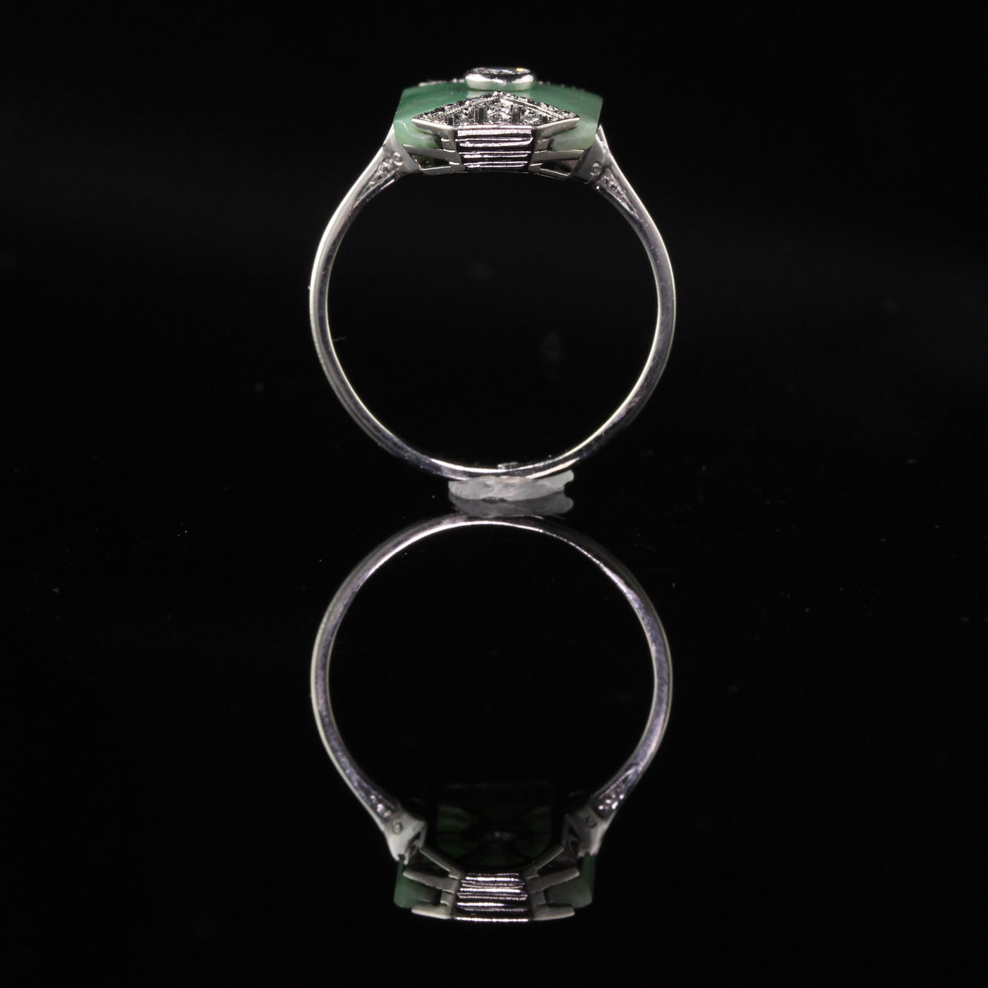 Antique Art Deco 18K White Gold Diamond and Jade Shield Ring