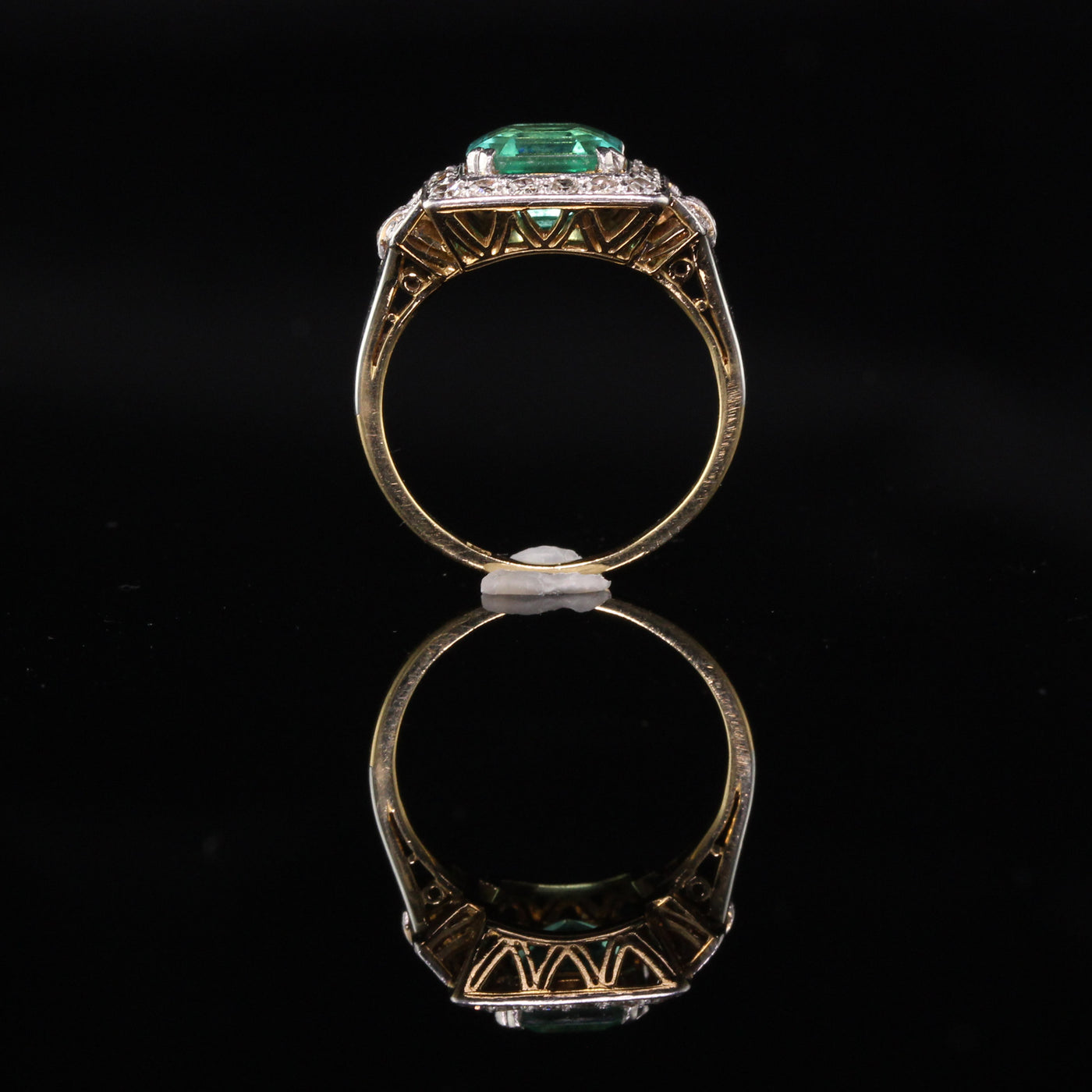 Antique Art Deco Platinum and 18K Yellow Gold Diamond and Emerald Cocktail Ring