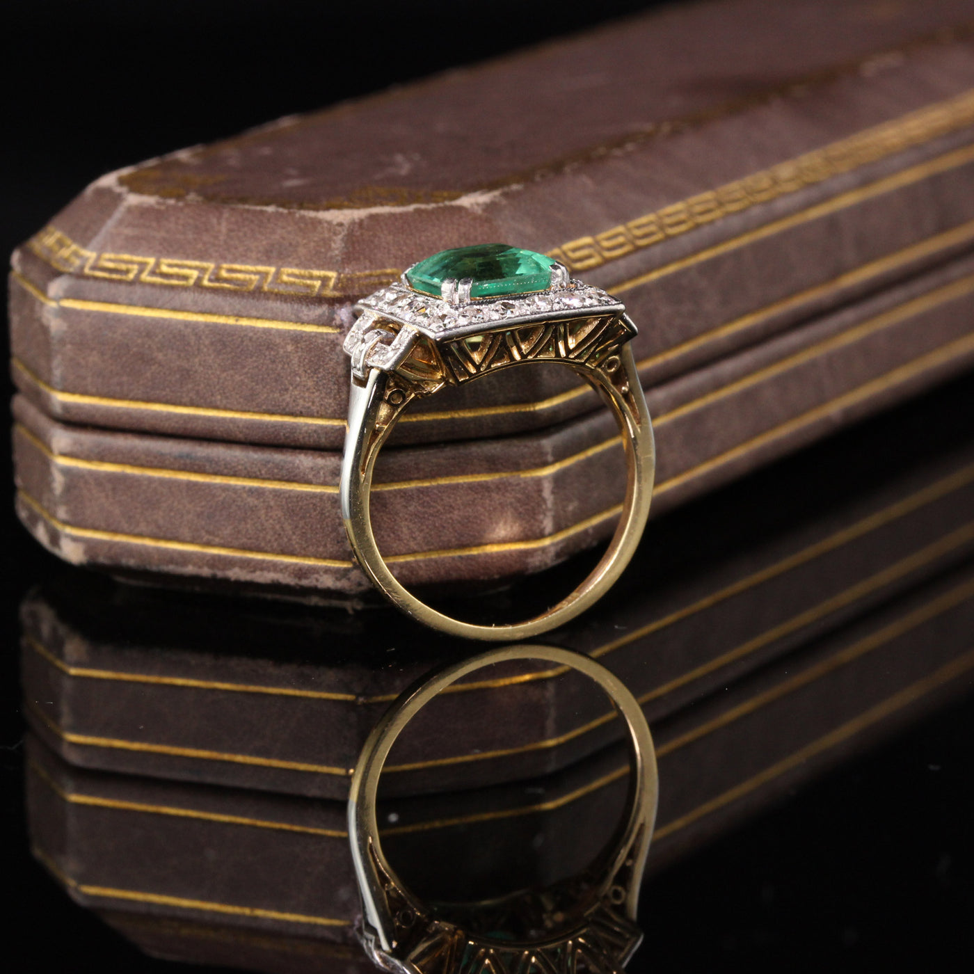 Antique Art Deco Platinum and 18K Yellow Gold Diamond and Emerald Cocktail Ring