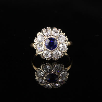 Antique Victorian 14K Yellow Gold Diamond and Sapphire Cluster Ring