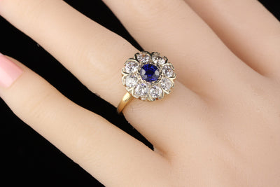Antique Victorian 14K Yellow Gold Diamond and Sapphire Cluster Ring