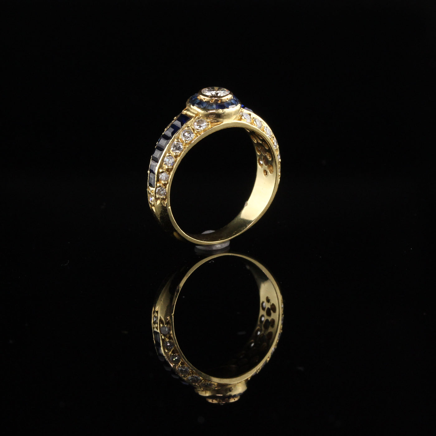 Retro 18K Yellow Gold Diamond and Sapphire Engagement Ring