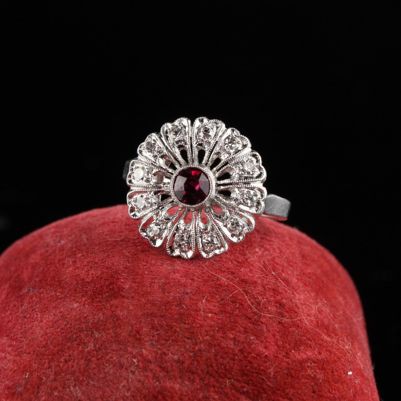 Antique Art Deco Platinum Diamond and Ruby Engagemnt Ring