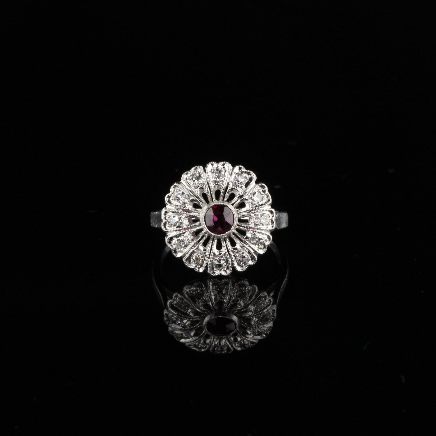 Antique Art Deco Platinum Diamond and Ruby Engagemnt Ring