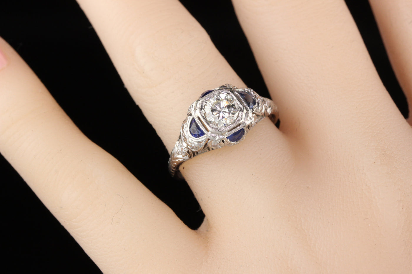 Antique Art Deco Platinum Diamond and Sapphire Engagement Ring
