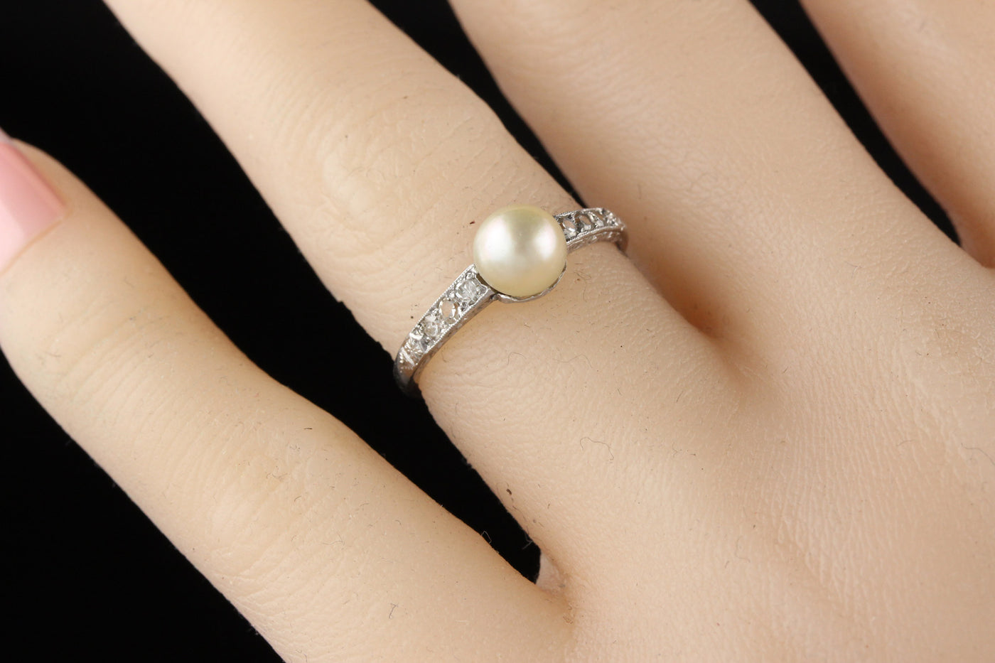 Antique Edwardian Platinum Diamond and Natural Pearl Ring
