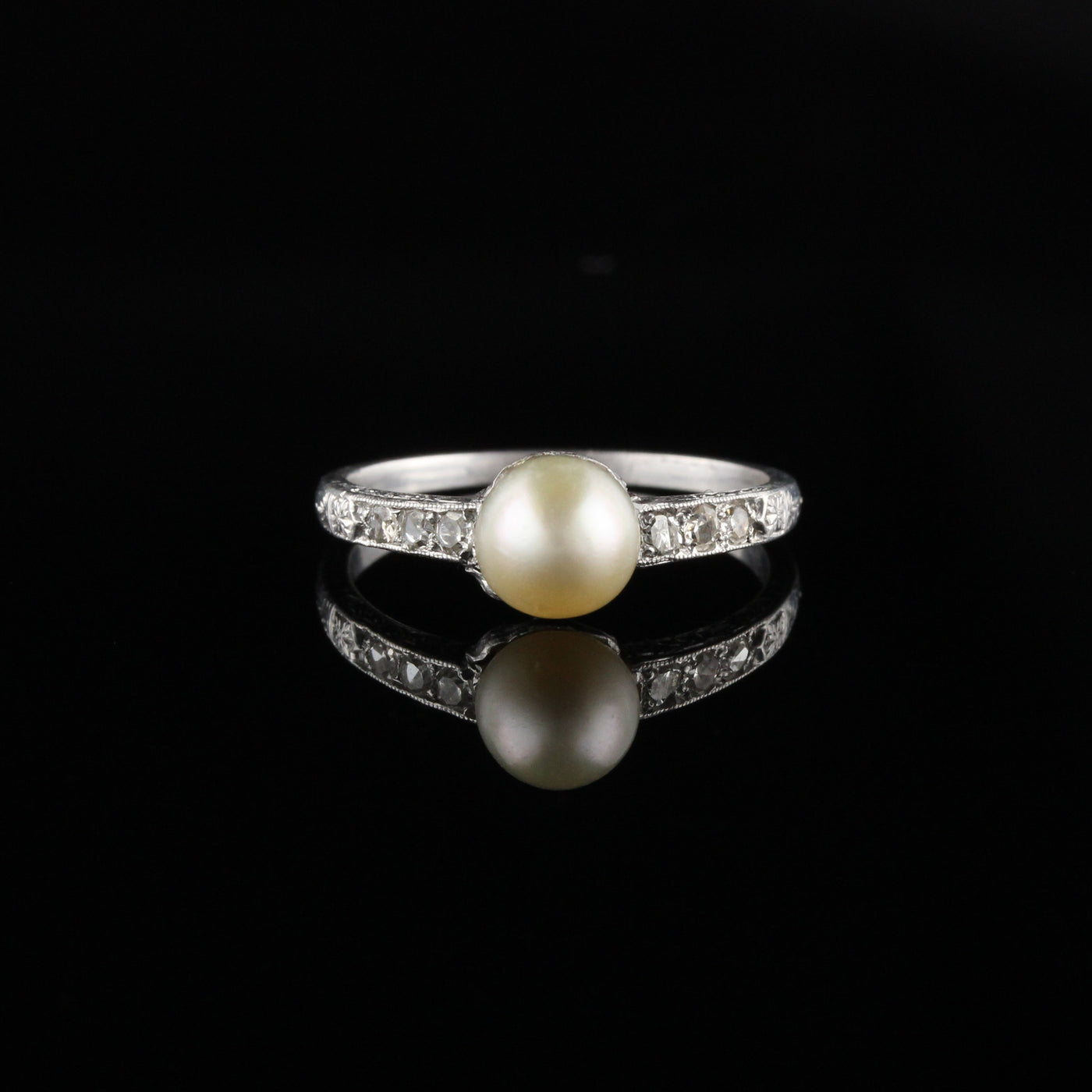 Antique Edwardian Platinum Diamond and Natural Pearl Ring