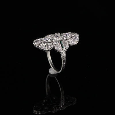 Antique Art Deco Platinum Diamond and Emerald Shield Ring