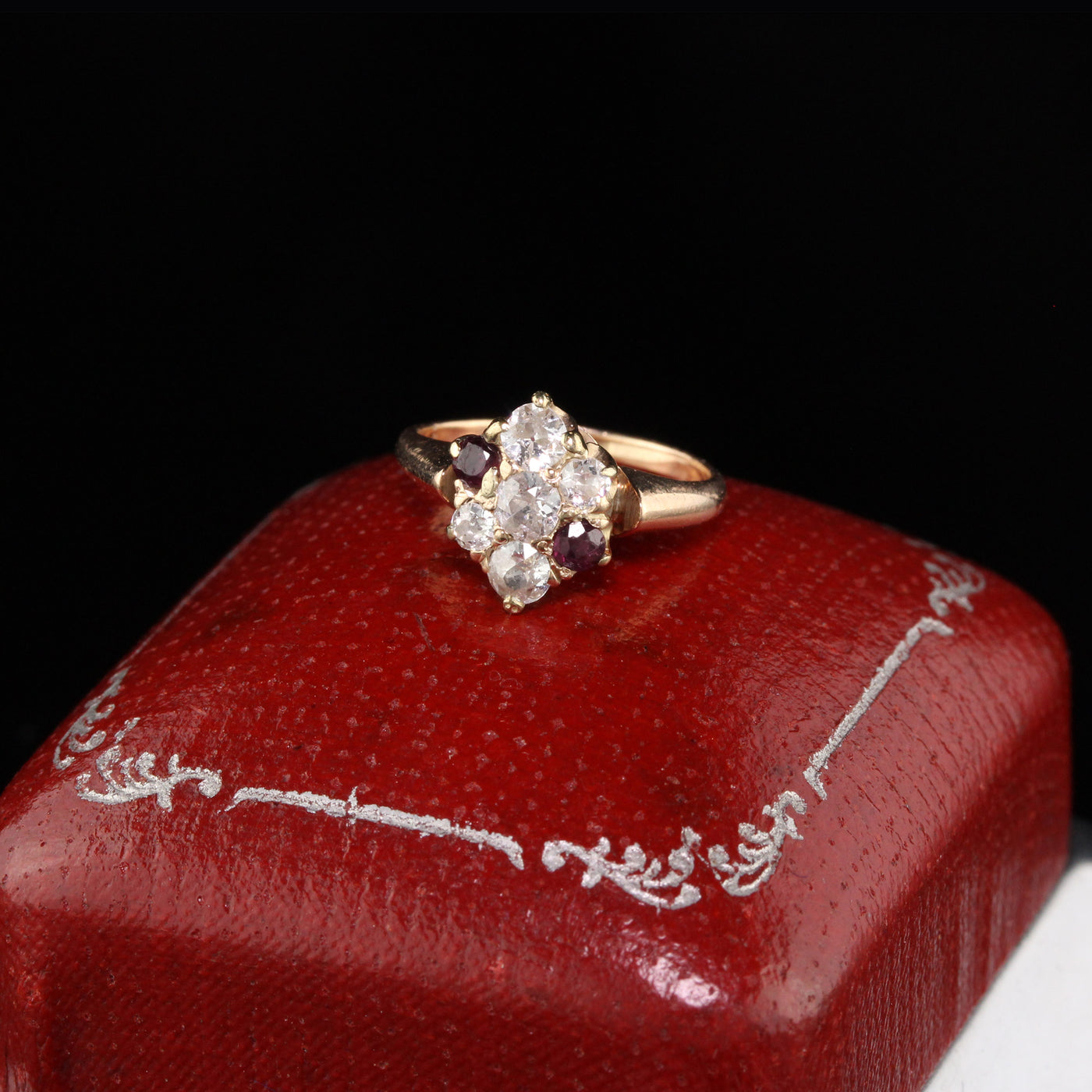 Antique Victorian 14K Rose Gold Old Miner Cut Diamonds and Ruby Engagement Ring