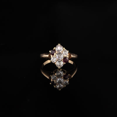 Antique Victorian 14K Rose Gold Old Miner Cut Diamonds and Ruby Engagement Ring