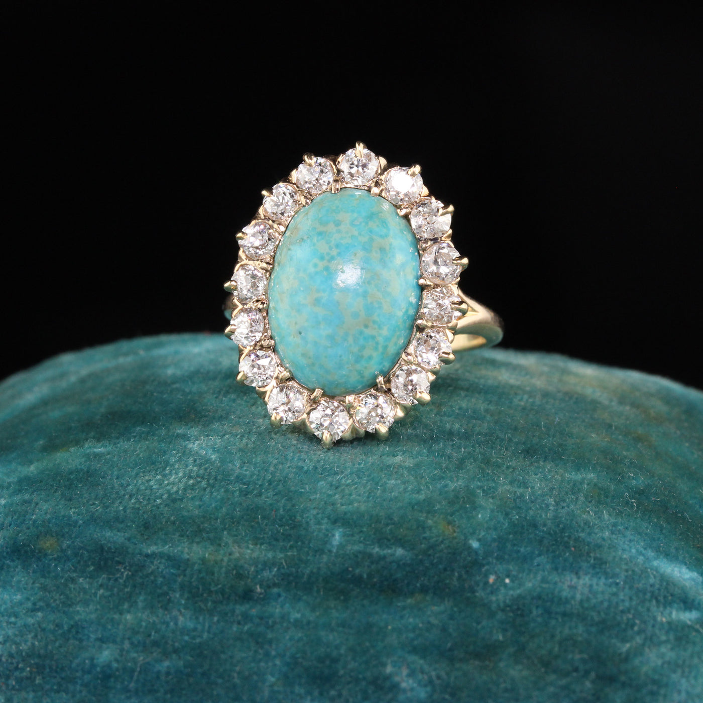 Antique Victorian 14K Rose Gold Old Miner Cut Diamonds and Turquoise Ring