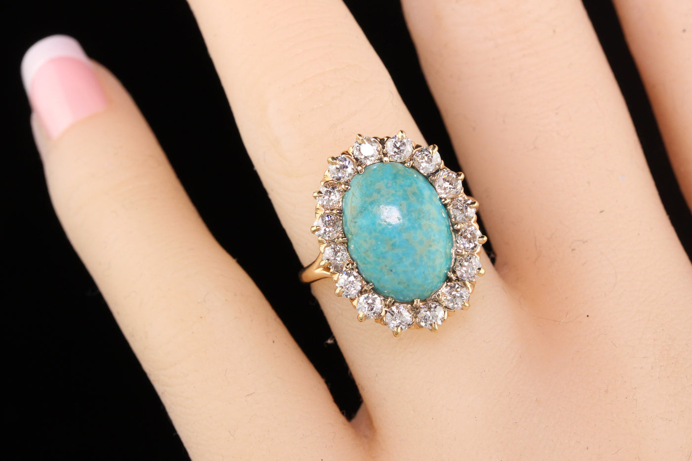 Antique Victorian 14K Rose Gold Old Miner Cut Diamonds and Turquoise Ring