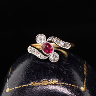 Antique Edwardian Platinum and 18K Yellow Gold Old Euro and Old Mine Cut Diamond and Ruby Ring