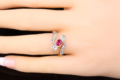 Antique Edwardian Platinum and 18K Yellow Gold Old Euro and Old Mine Cut Diamond and Ruby Ring